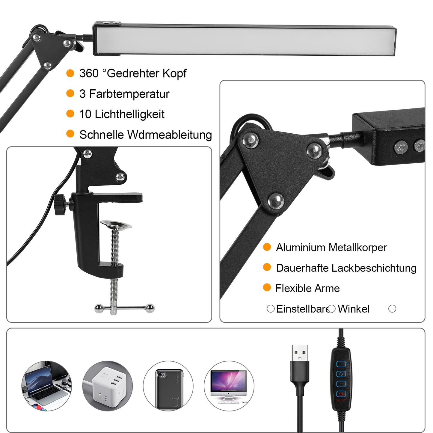 LED Schreibtischlampe, 10W Klemmleuchte, Dimmbar Tischlampe