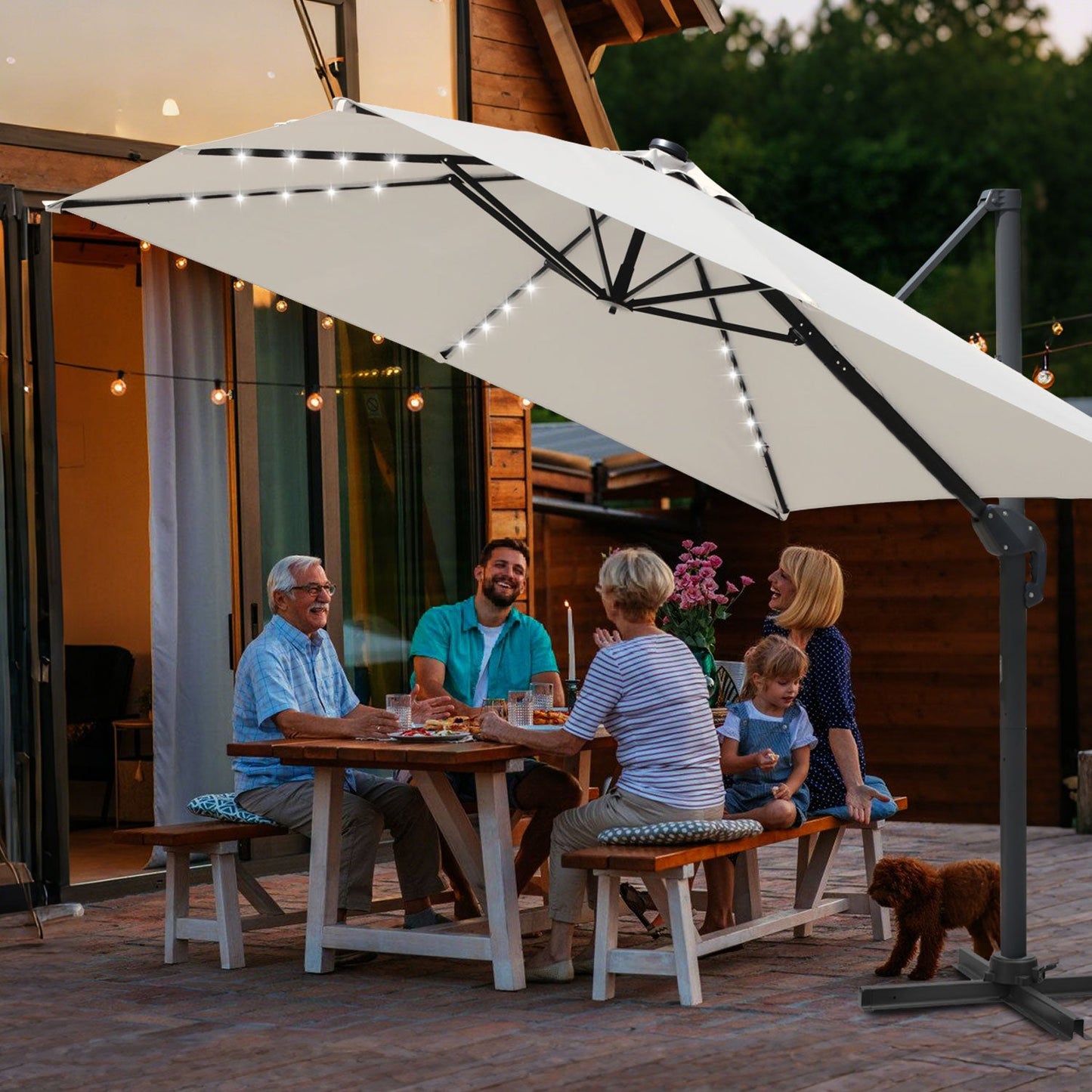 Ampelschirm 300 x 300 cm Sonnenschirm 360° Drehbar mit Solar-LED