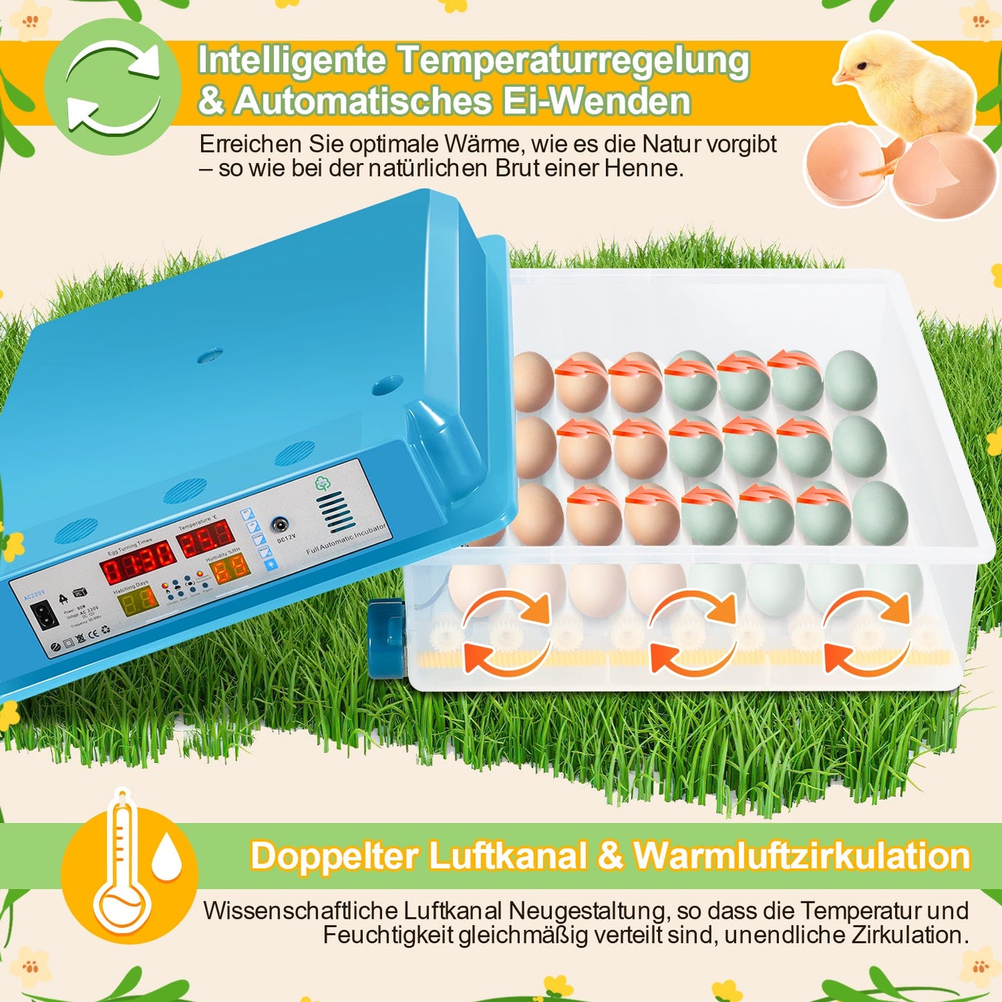 Brutautomat Vollautomatisch Inkubator für Hühner 64 Eier