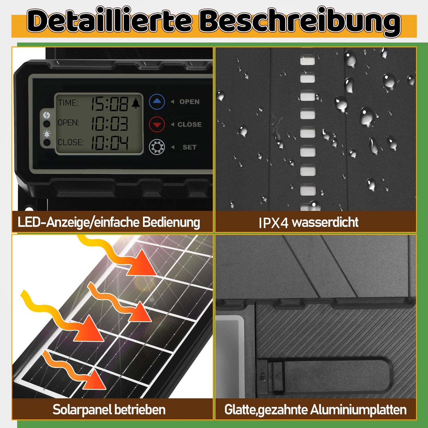 Elektrische Hühnerklappe Solar mit LED Display und Fernbedienung