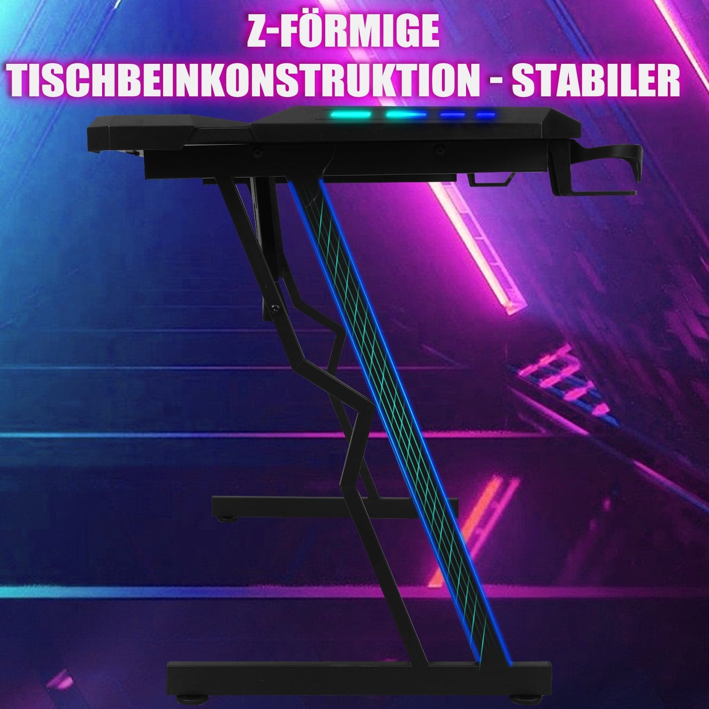 Gaming Schreibtisch 120/140 cm, Gaming Tisch mit LED, Computertisch