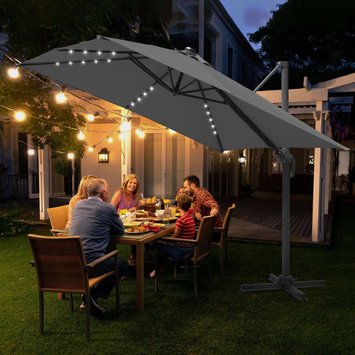 Ampelschirm 300 x 300 cm Sonnenschirm 360° Drehbar mit Solar-LED
