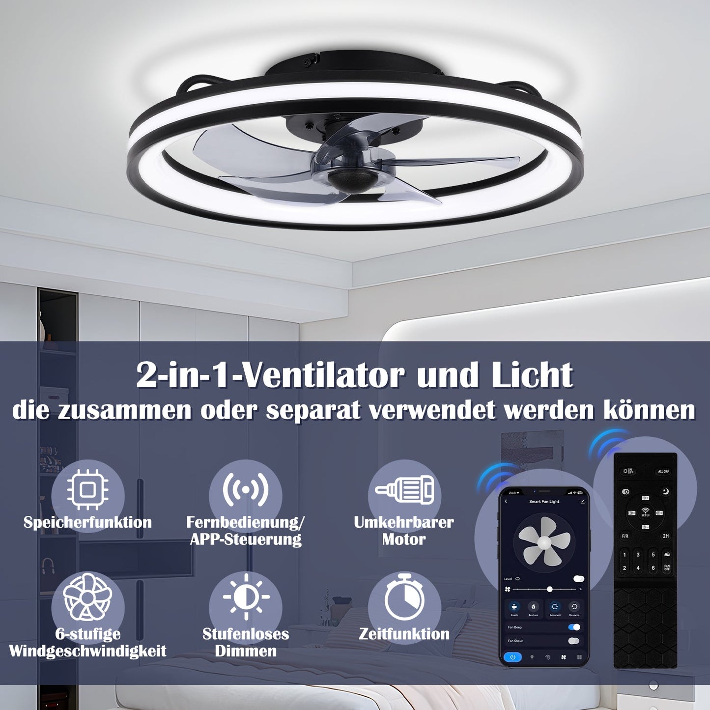 Deckenventilator Ventilator mit Fernbedienung und Beleuchtung