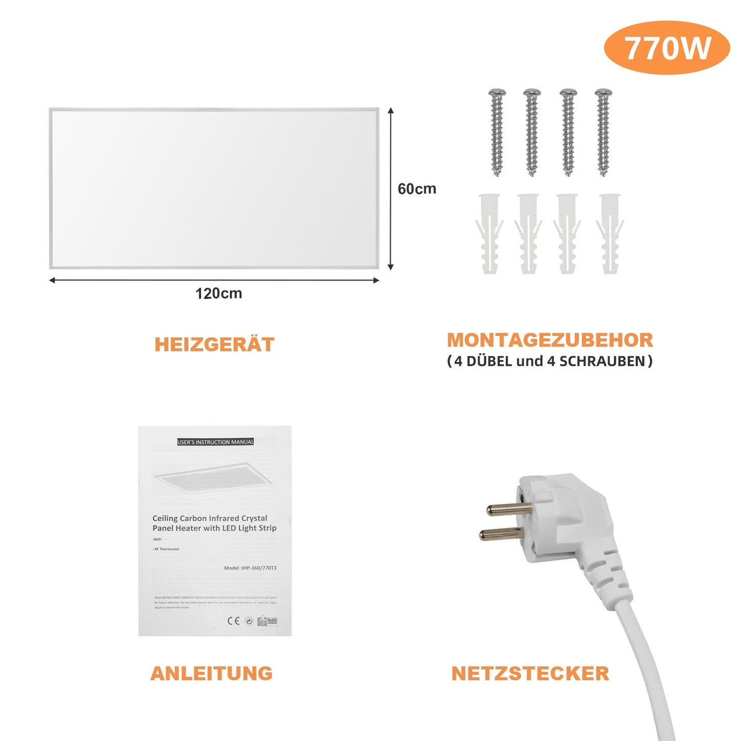 Infrarotheizung Elektroheizer Decke WIFI 360/770W