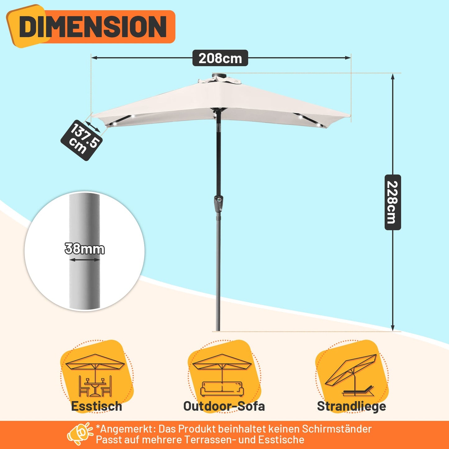 Sonnenschirm 210x140 / 300x200cm Rechteckig mit LED Solar