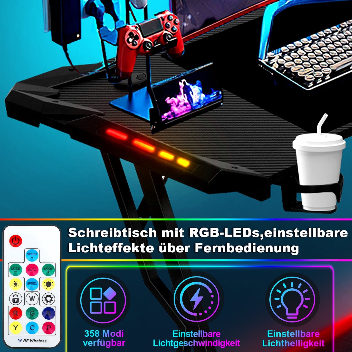 Gaming Schreibtisch Gaming Tisch 120/140cm mit LED Fernbedienung