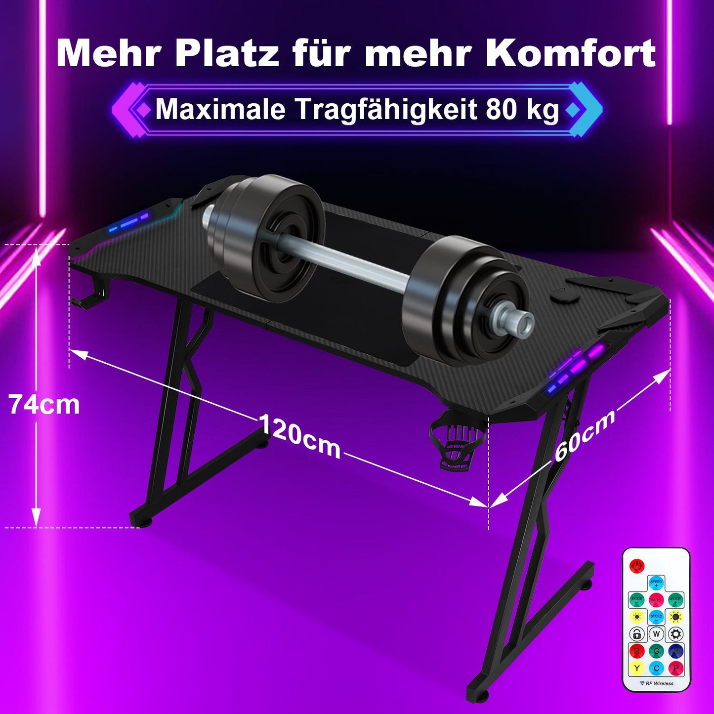 Gaming Schreibtisch Gaming Tisch 120/140cm mit LED Fernbedienung