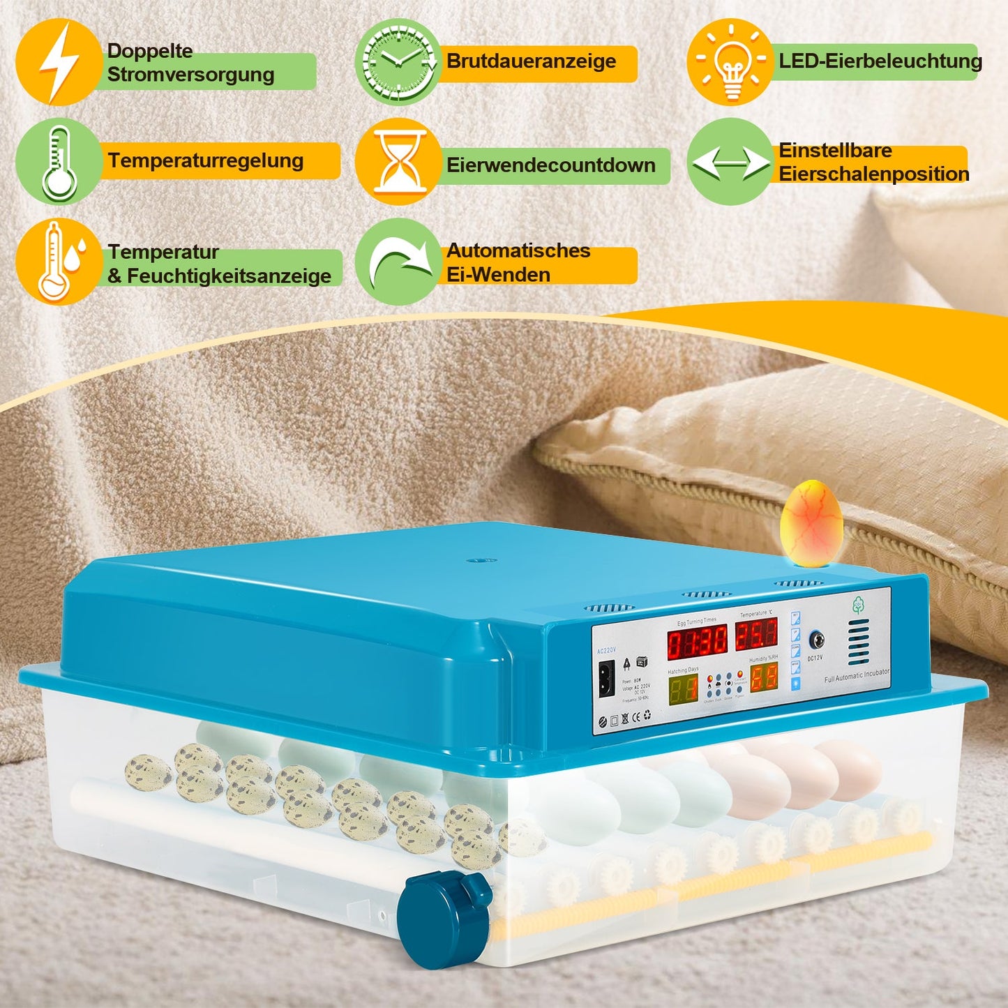 Brutautomat Vollautomatisch Inkubator für Hühner 64 Eier