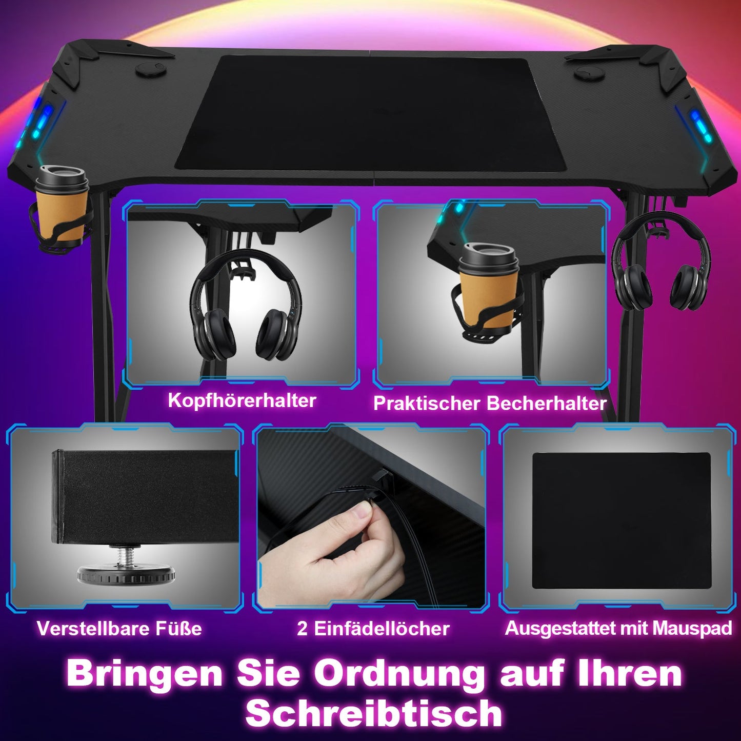 Gaming Schreibtisch 120/140 cm, Gaming Tisch mit LED, Computertisch