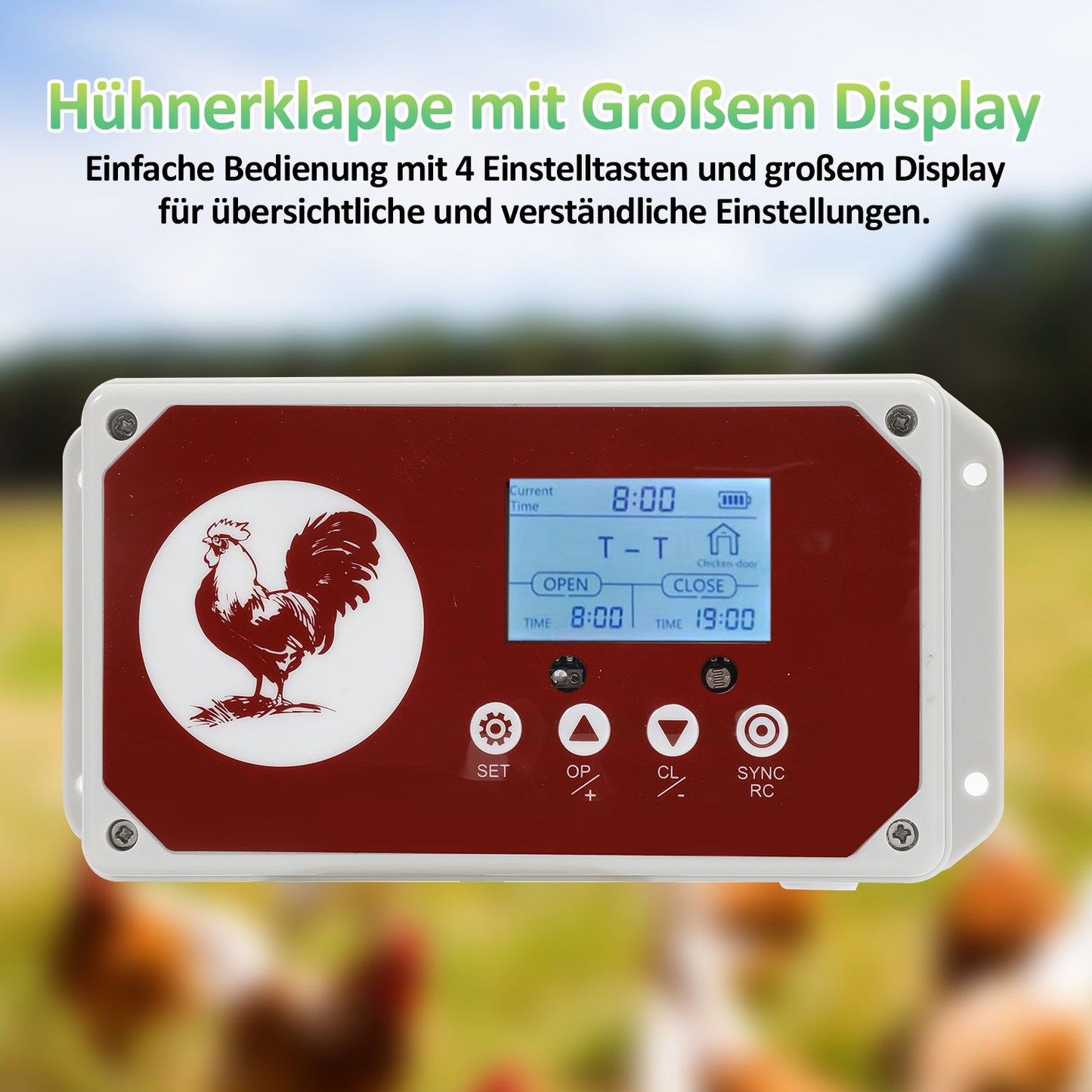 Automatische Hühnerklappe mit Lichtsensor, Zeitschaltuhr, LED Display