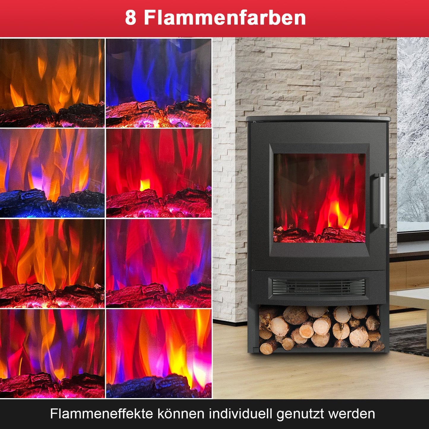 Elektrokamin mit LED Flammenm WiFi Fernbedienung 900W/1800W