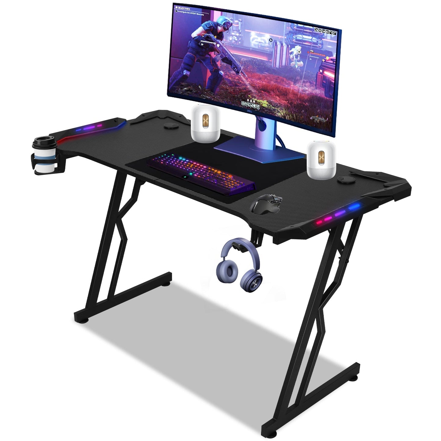 Gaming Schreibtisch 120/140 cm, Gaming Tisch mit LED, Computertisch