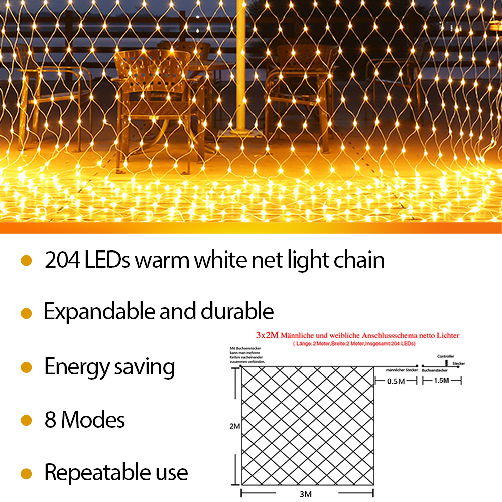 3 * 2M LED Lichternetz Lichterkette mit 204 LEDs Weihnachten mit Steuerbox Netz-ineinander greifen