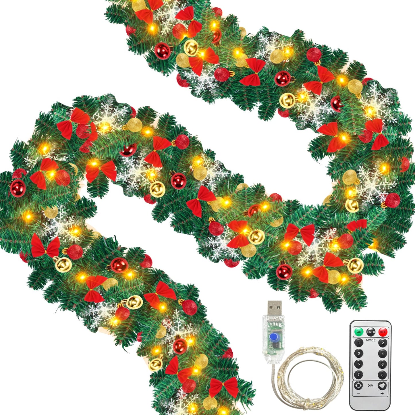 Weihnachtsgirlande 100 LEDs mit Deko und Fernbedienung 5m