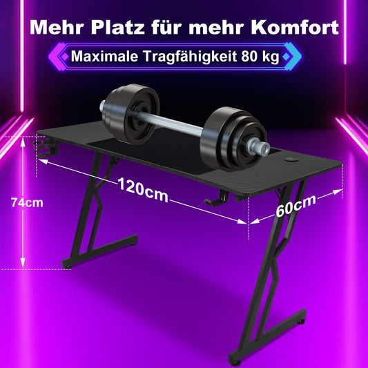Gaming Schreibtisch 120/140 cm, Gaming Tisch mit LED, Computertisch