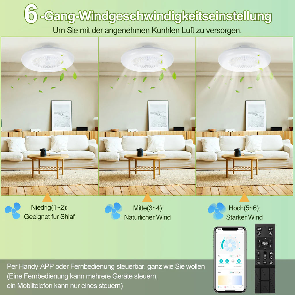 80W Deckenventilator mit Beleuchtung und Fernbedienung WLAN Ø55 cm, 6 Geschwindigkeiten, Dimmbar, Timer, Sommer-Winterbetrieb für Schlafzimmer Wohnzimmer [Energieklasse E]