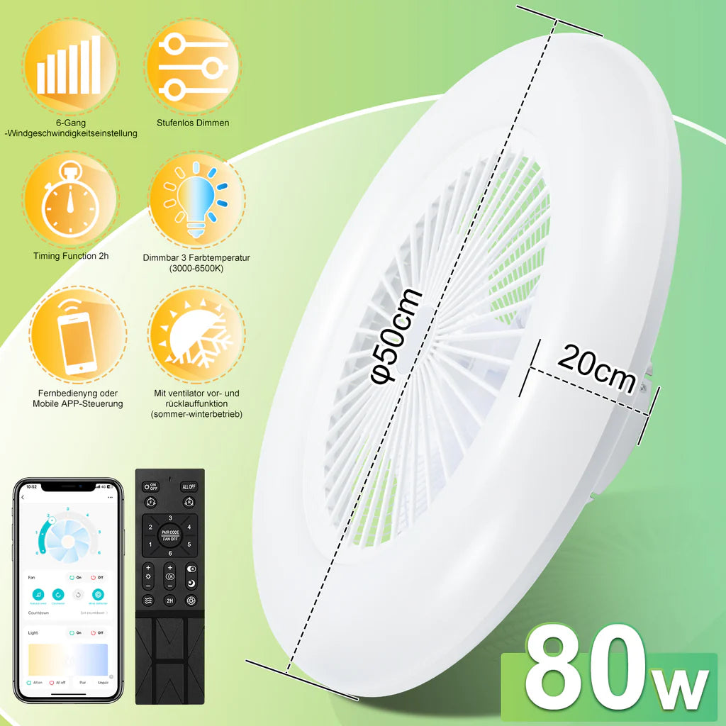80W Deckenventilator mit Beleuchtung und Fernbedienung WLAN Ø55 cm, 6 Geschwindigkeiten, Dimmbar, Timer, Sommer-Winterbetrieb für Schlafzimmer Wohnzimmer [Energieklasse E]