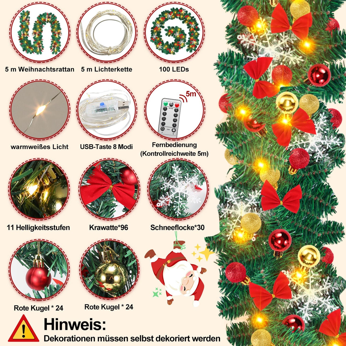 Weihnachtsgirlande 100 LEDs mit Deko und Fernbedienung 5m