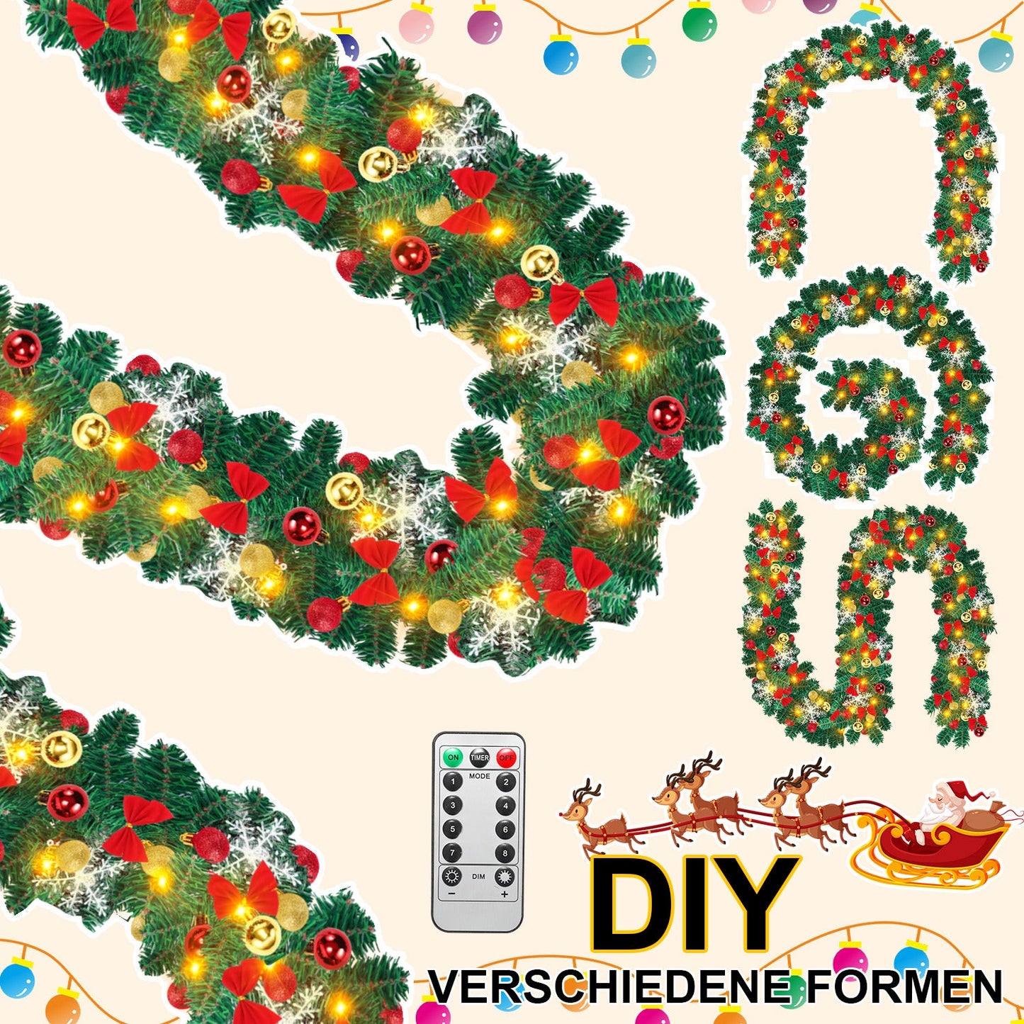 Weihnachtsgirlande 100 LEDs mit Deko und Fernbedienung 5m