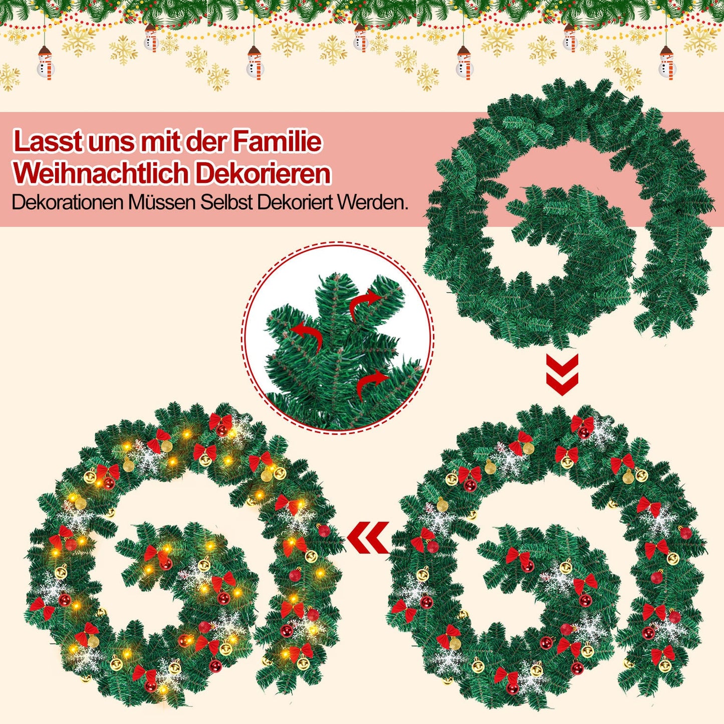 Weihnachtsgirlande 100 LEDs mit Deko und Fernbedienung 5m